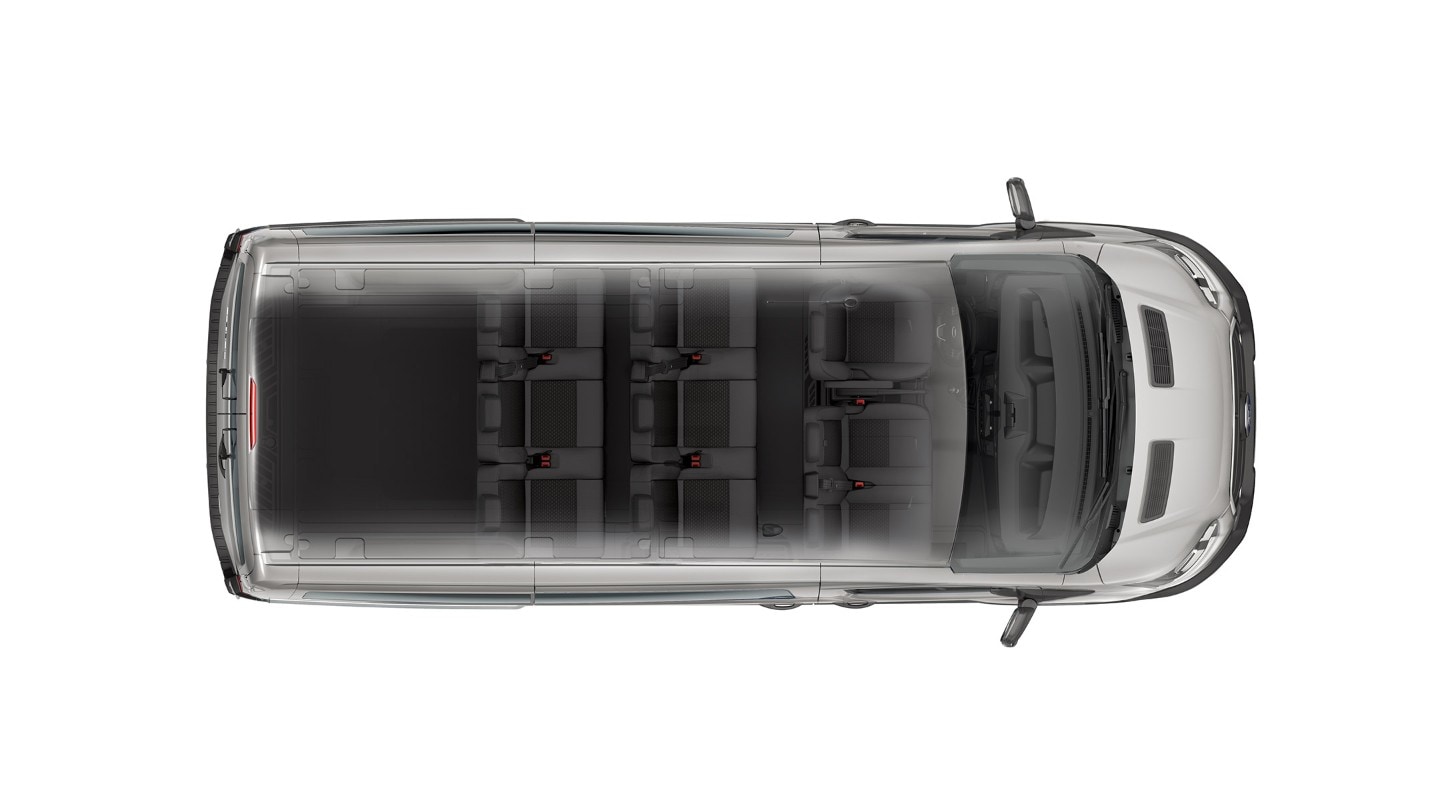 Ford Transit Kombi vista transparente desde arriba para revelar sus nueve plazas 